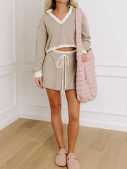 Contrast Collared Neck Top and Drawstring Mini Skirt Set