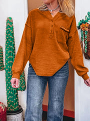 Contrast Plaid Hood Patchwork Chest Pocket Henley Top Terracotta / S