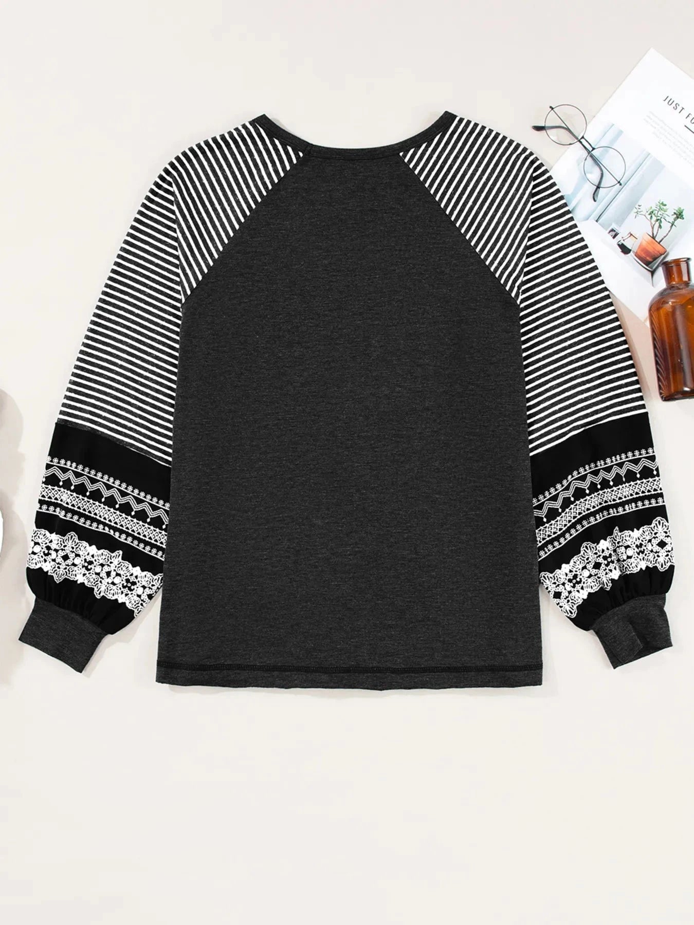 Contrast Print Striped Raglan Long Sleeve Loose Top