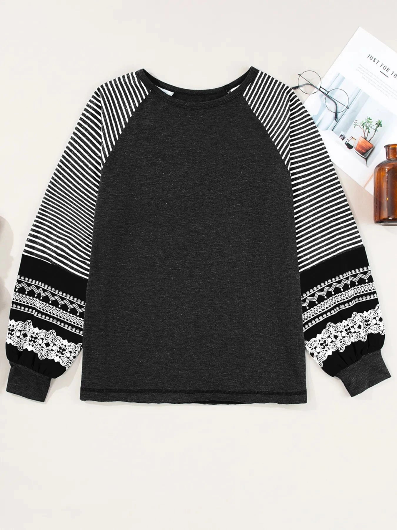 Contrast Print Striped Raglan Long Sleeve Loose Top