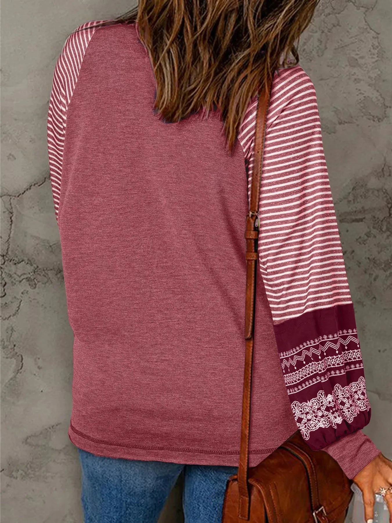 Contrast Print Striped Raglan Long Sleeve Loose Top