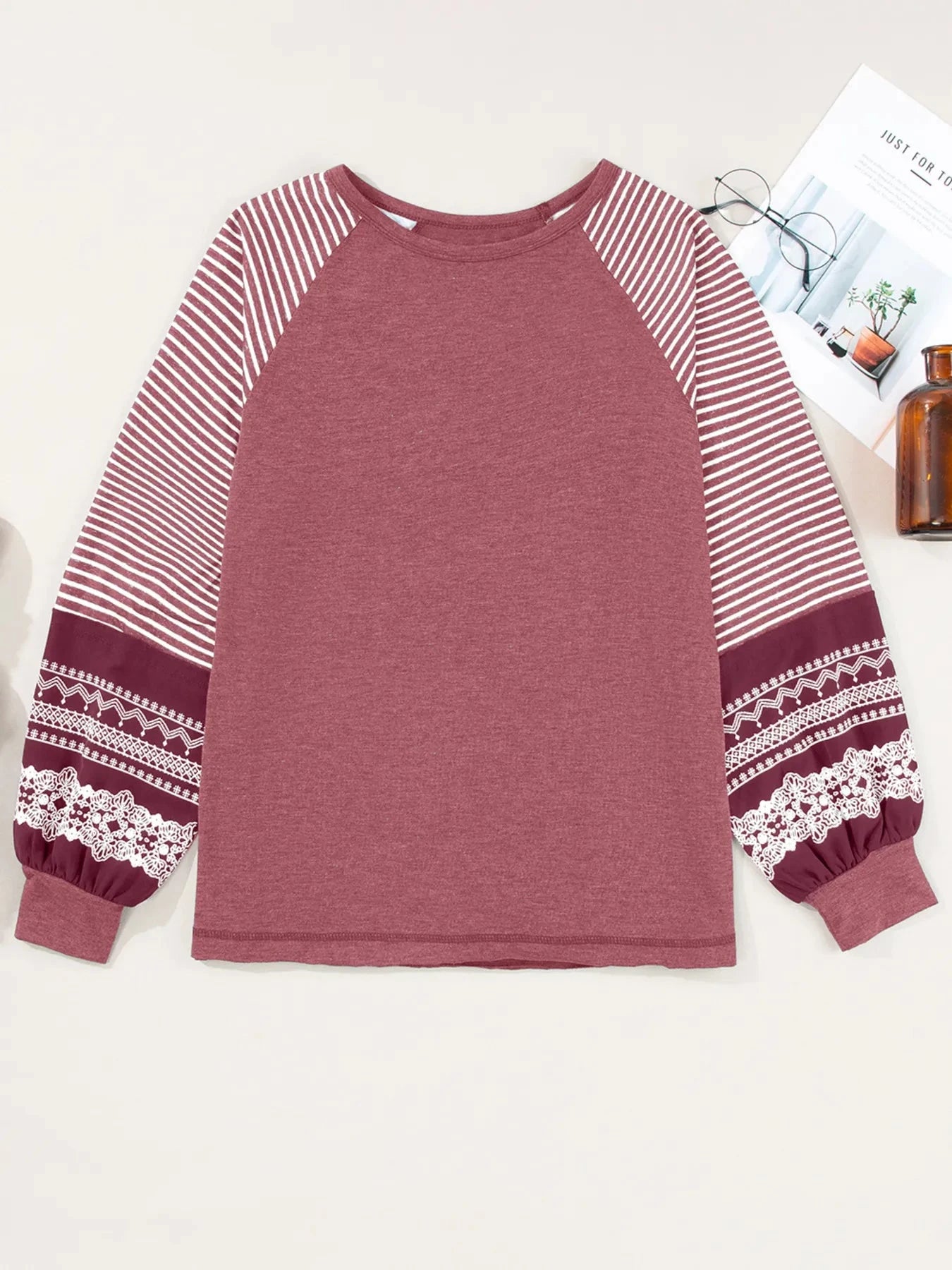 Contrast Print Striped Raglan Long Sleeve Loose Top