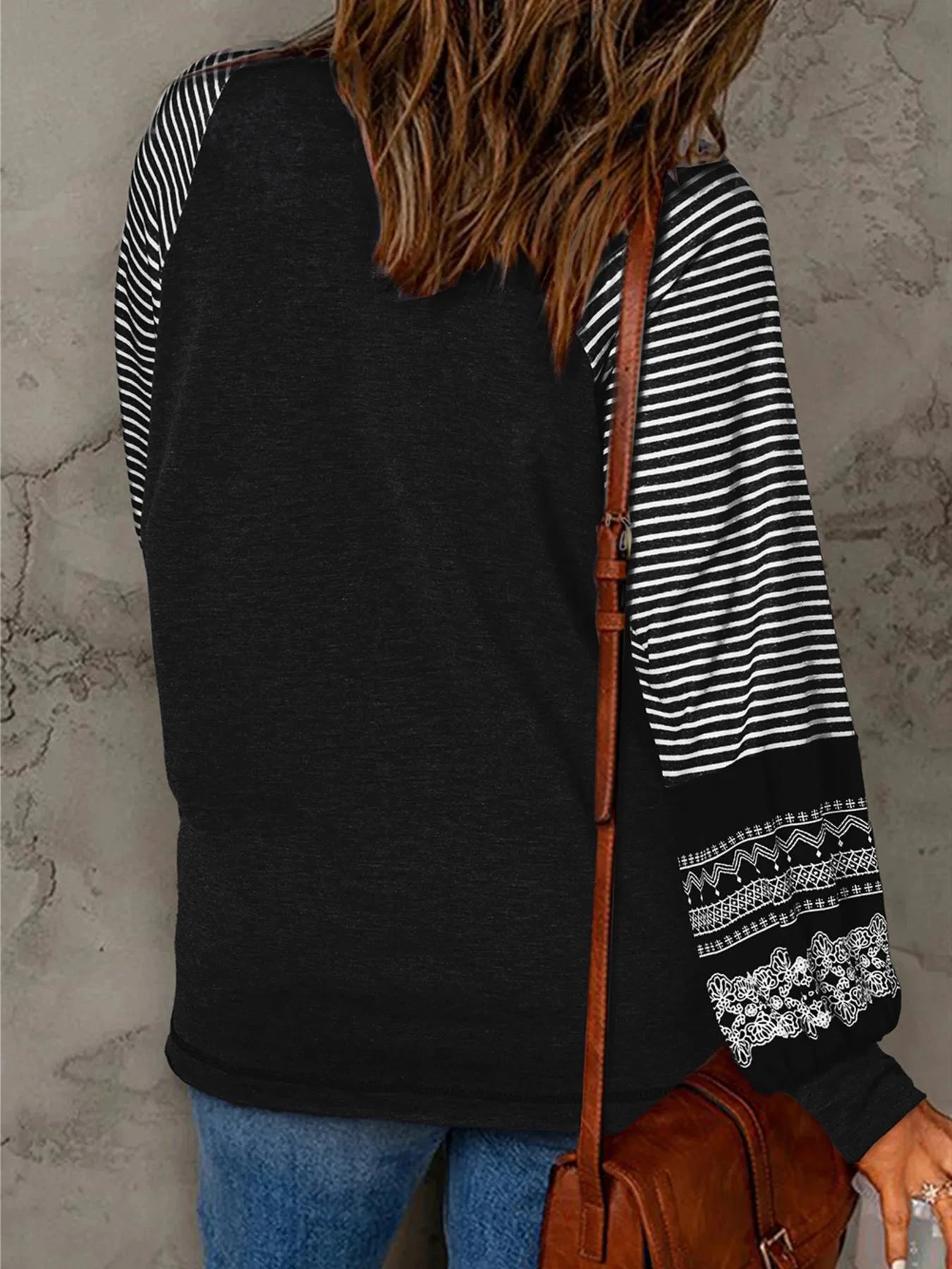 Contrast Print Striped Raglan Long Sleeve Loose Top