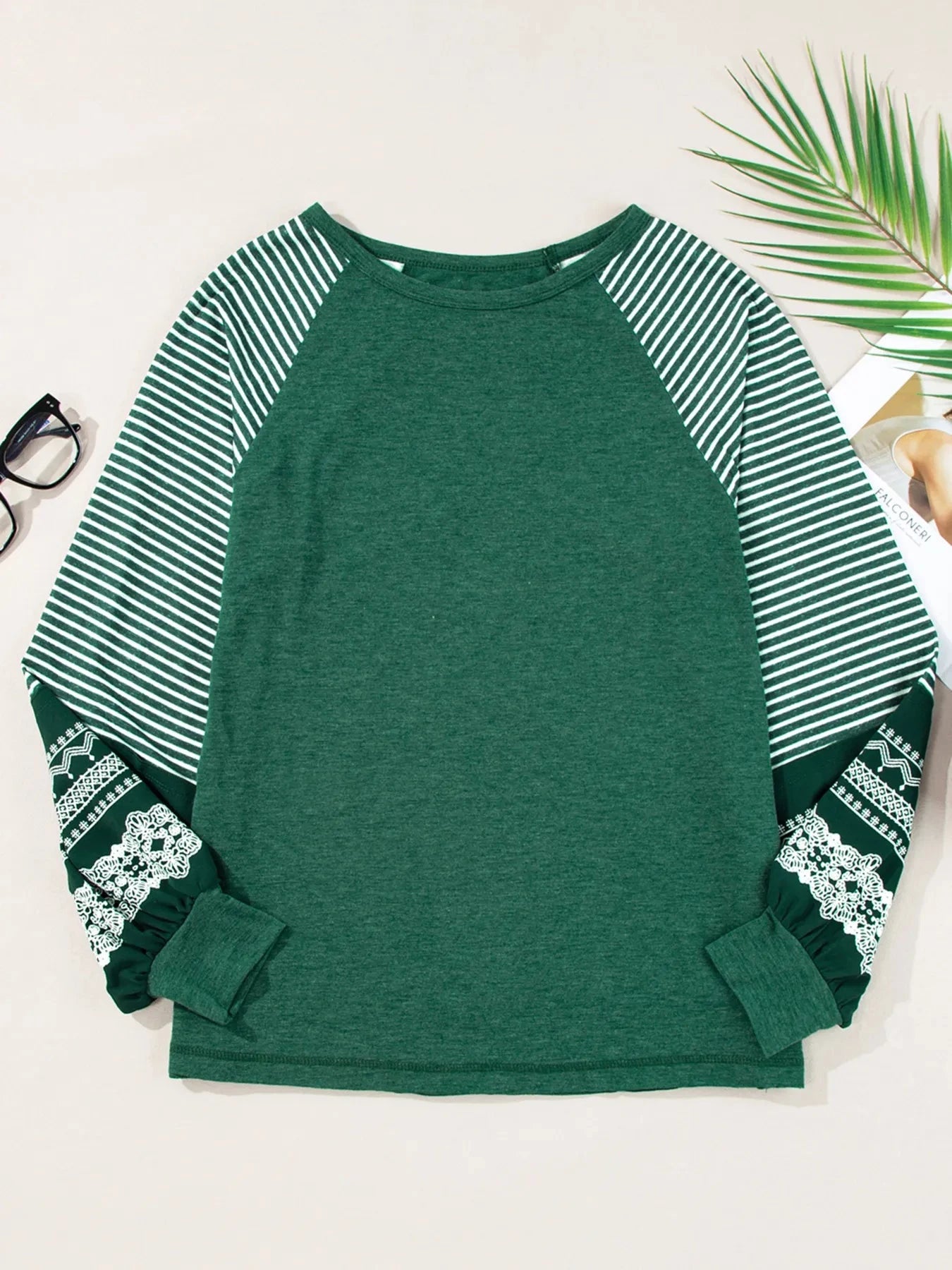 Contrast Print Striped Raglan Long Sleeve Loose Top