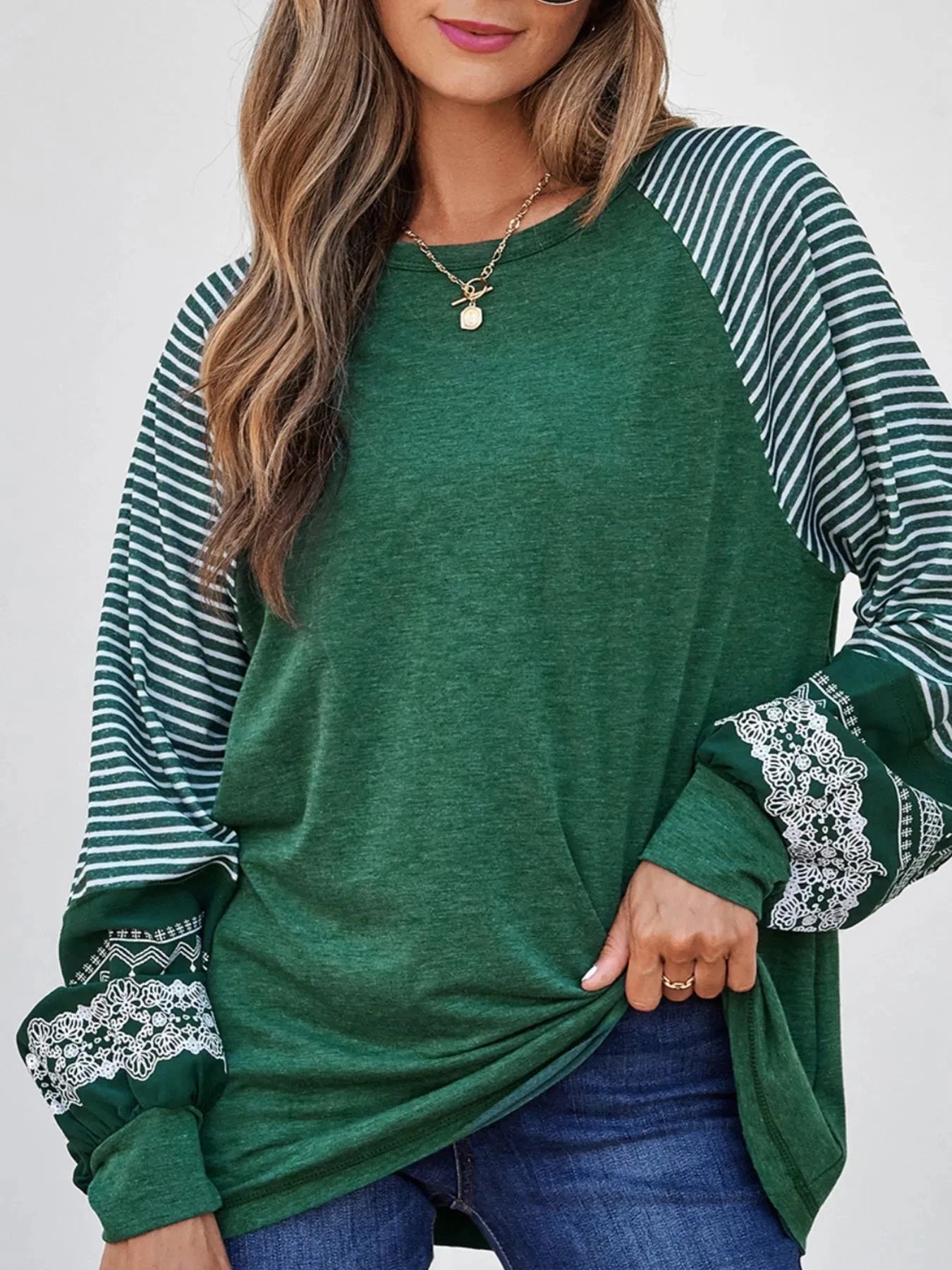 Contrast Print Striped Raglan Long Sleeve Loose Top