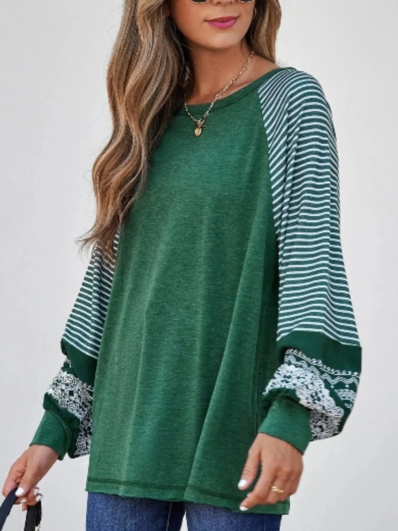Contrast Print Striped Raglan Long Sleeve Loose Top