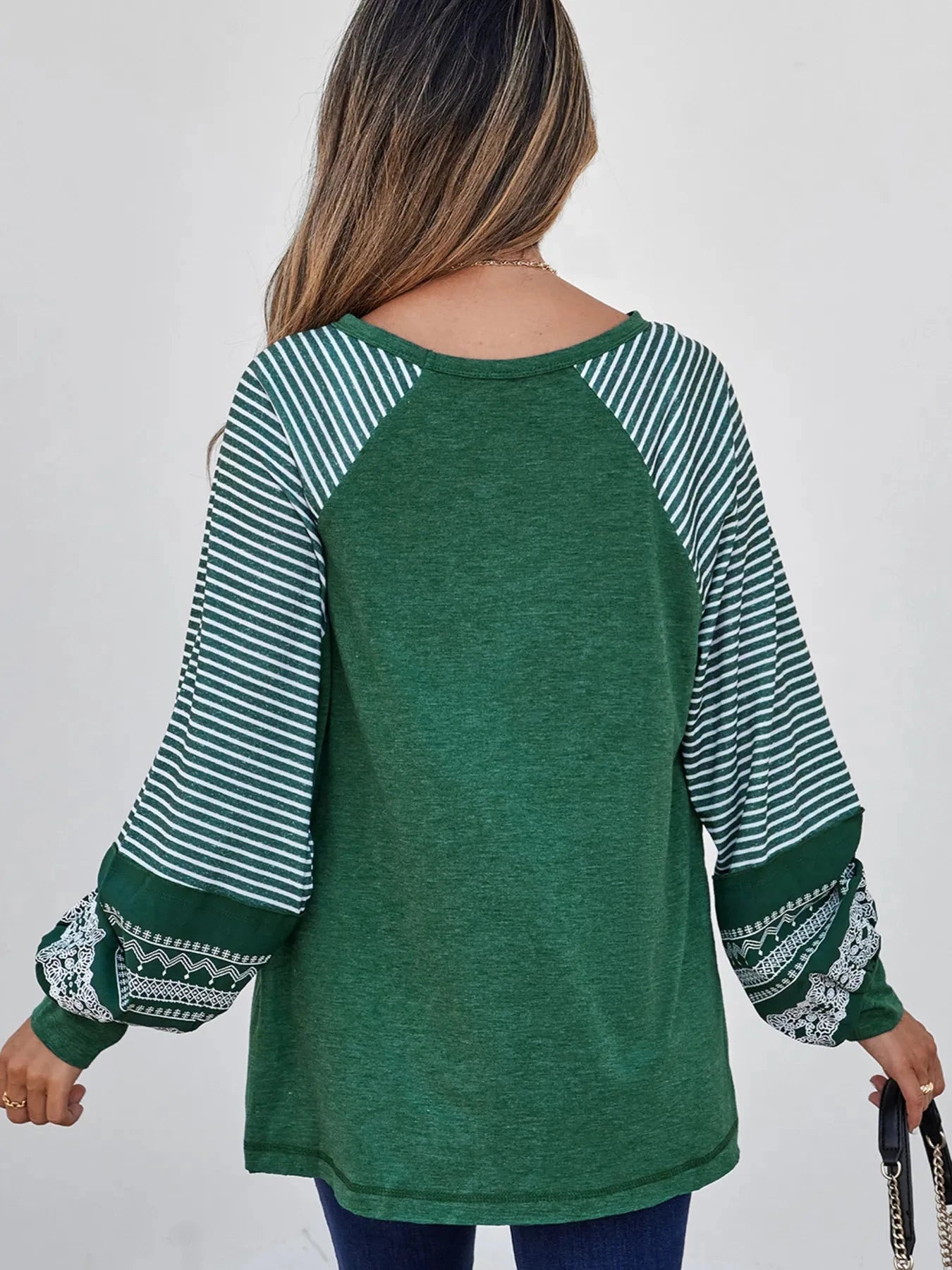 Contrast Print Striped Raglan Long Sleeve Loose Top