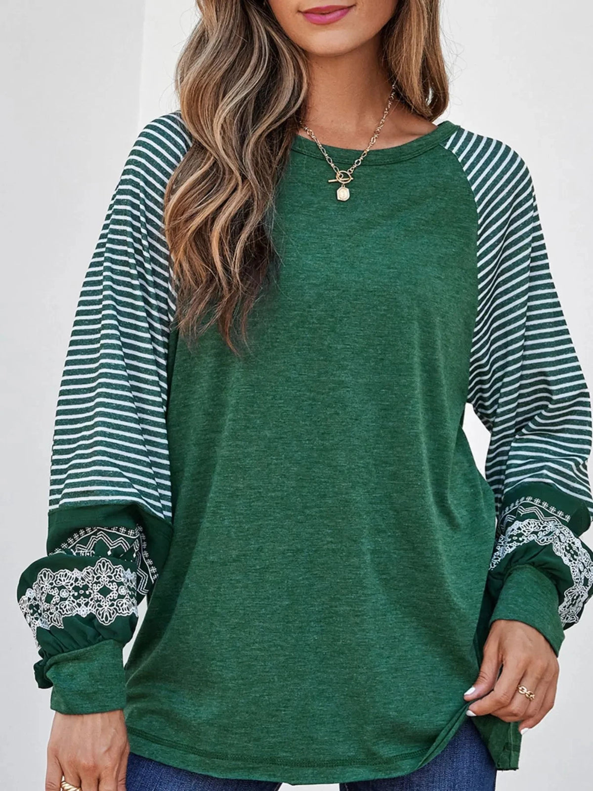 Contrast Print Striped Raglan Long Sleeve Loose Top Dark Green / S