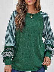 Contrast Print Striped Raglan Long Sleeve Loose Top Dark Green / S
