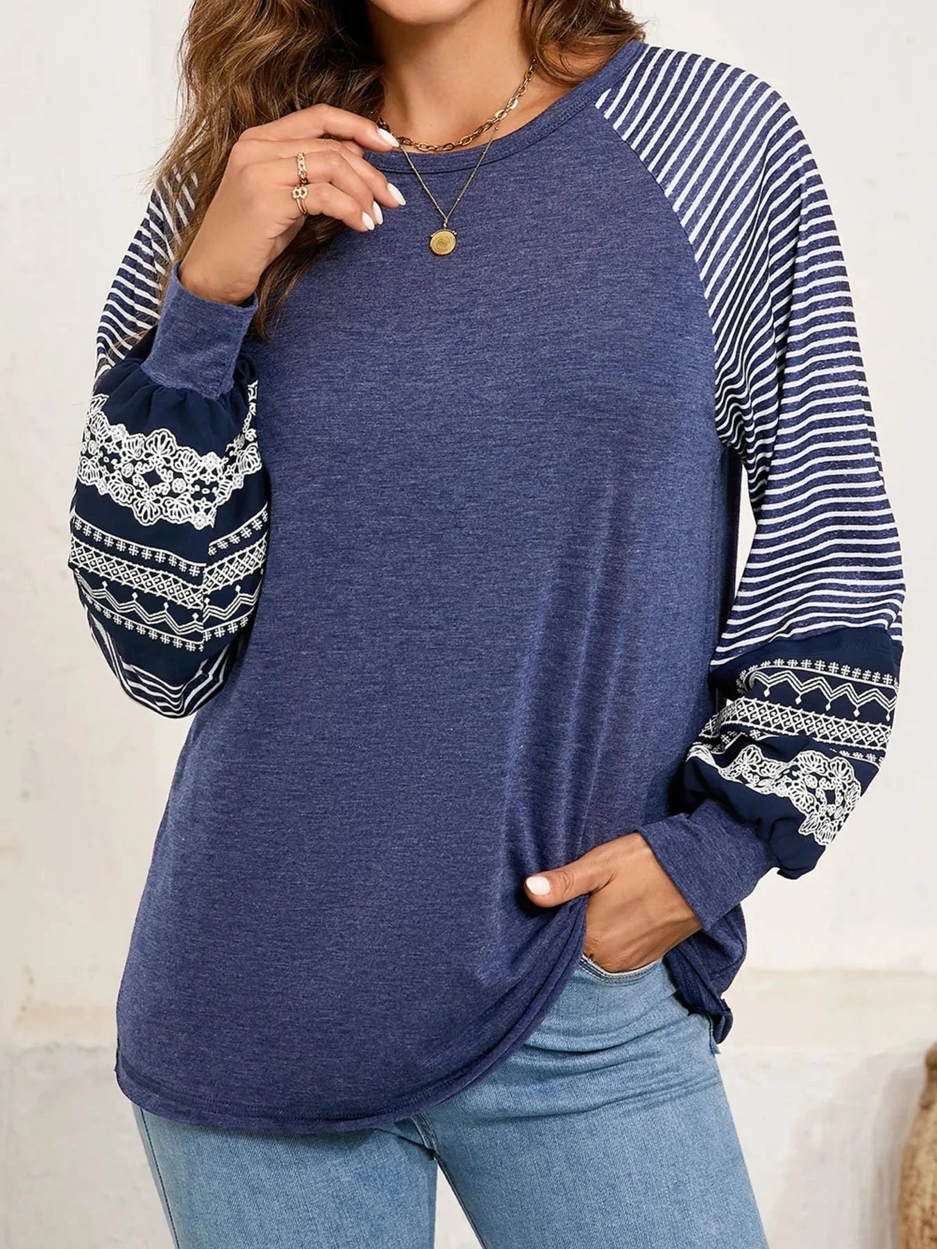 Contrast Print Striped Raglan Long Sleeve Loose Top Navy / S