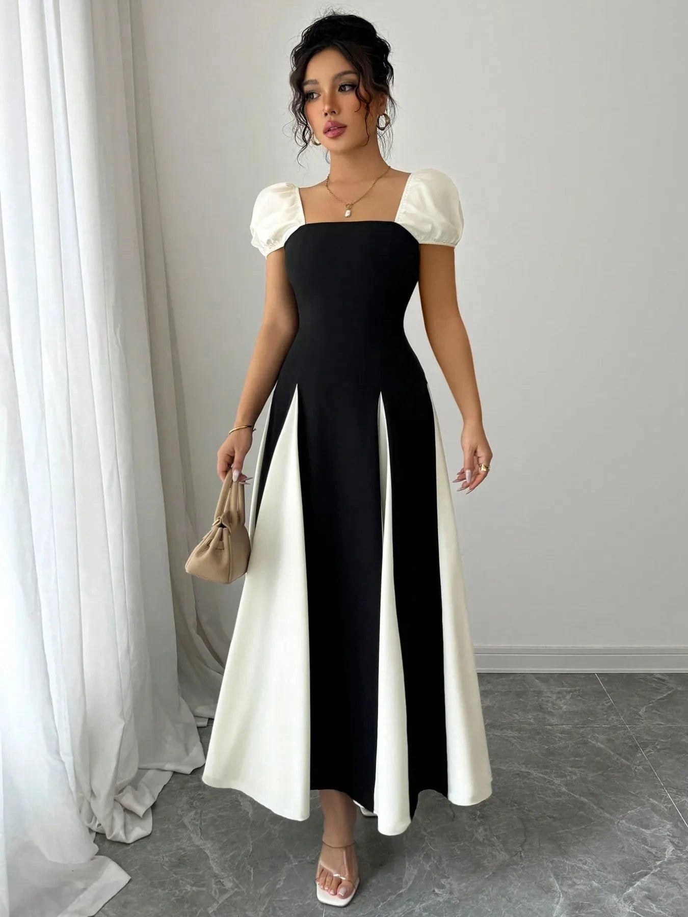 Contrast Puff Sleeve Midi Dress