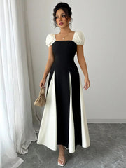 Contrast Puff Sleeve Midi Dress