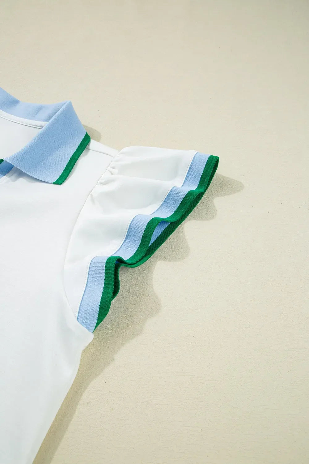 Contrast Ruffled Sleeve Collared V Neck Blouse