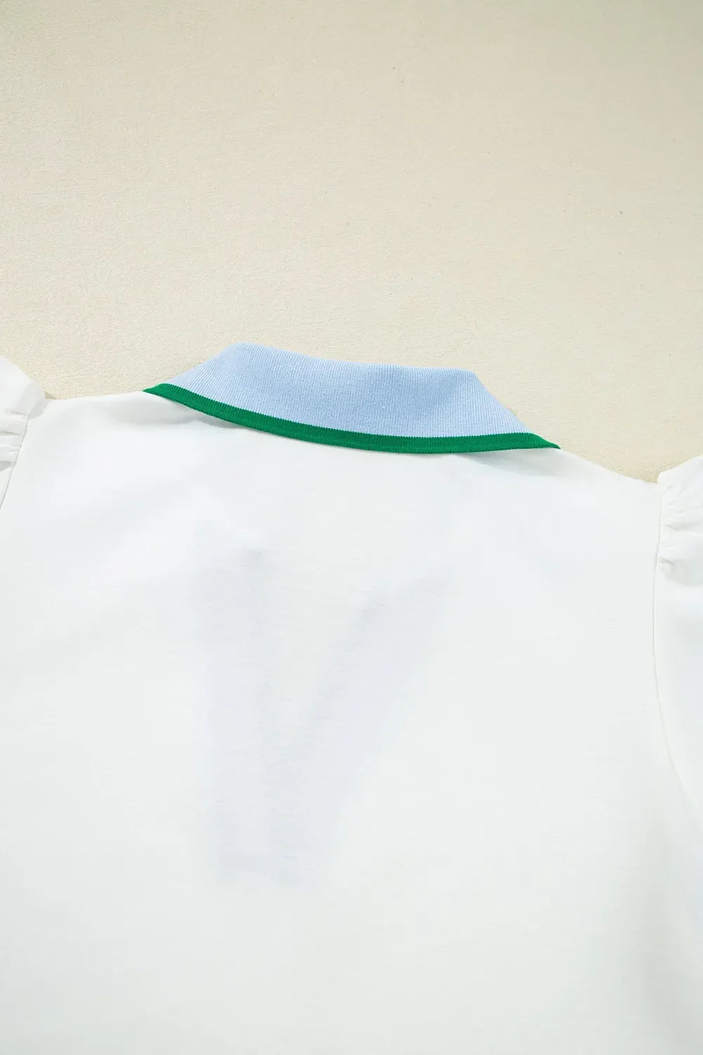 Contrast Ruffled Sleeve Collared V Neck Blouse