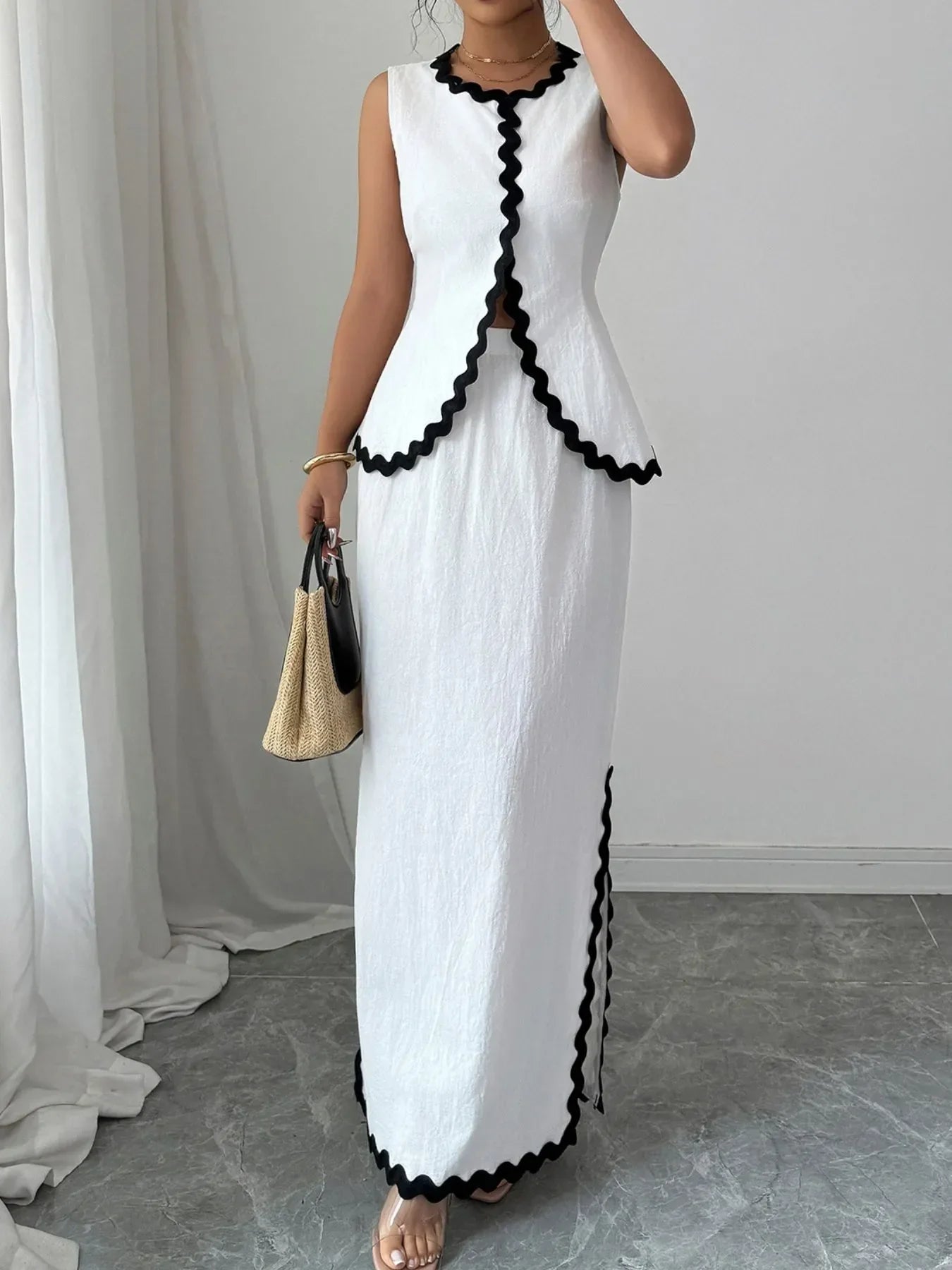 Contrast Scalloped Trim Sleeveless Top and Skirt Set