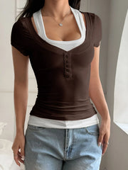 Contrast Short Sleeve Fake Two Piece T-Shirt