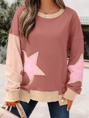 Contrast Star Patchwork Exposed Seam Uneven Hem Drop Shoulder Sweatshirt