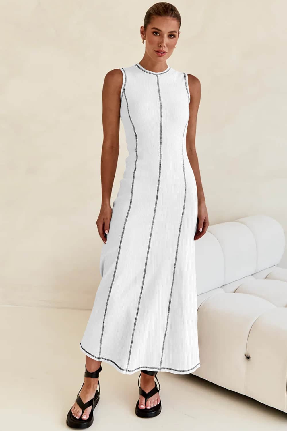 Contrast Stitching Maxi Tank Dress White / XL