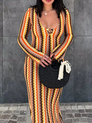 Contrast Striped Long Sleeve Maxi Dress