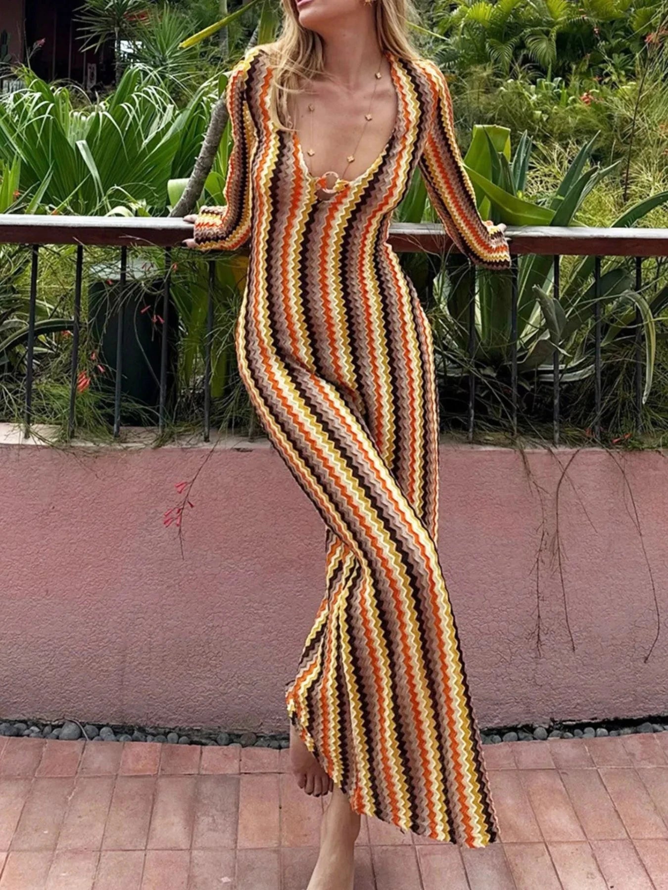 Contrast Striped Long Sleeve Maxi Dress Gold / S