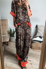 Contrast Trim Leopard Round Neck Top and Pants Lounge Set Leopard / S