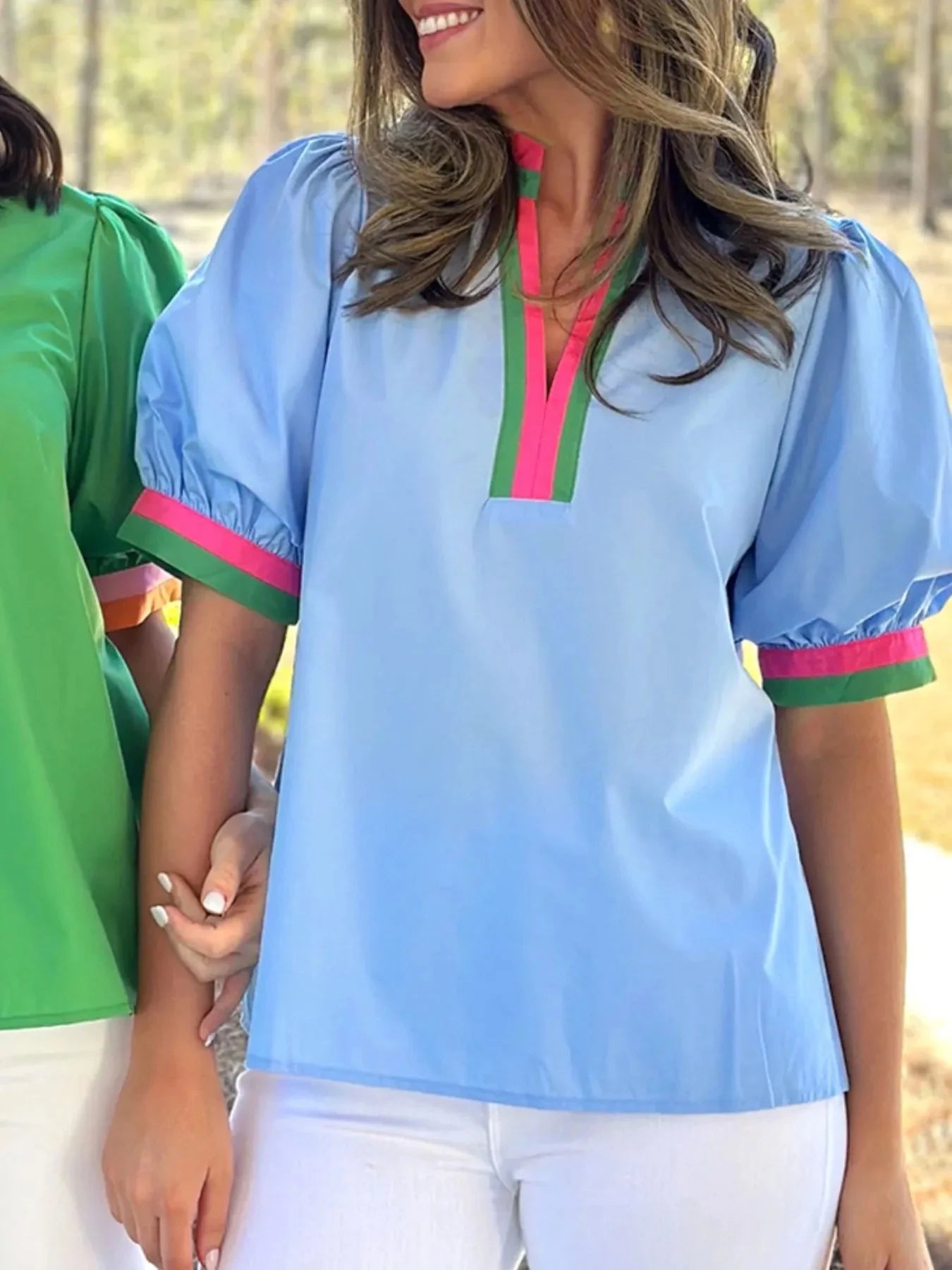 Contrast Trim Notched Short Sleeve Blouse