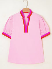 Contrast Trim Notched Short Sleeve Blouse