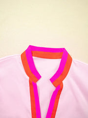 Contrast Trim Notched Short Sleeve Blouse