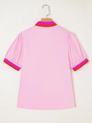Contrast Trim Notched Short Sleeve Blouse