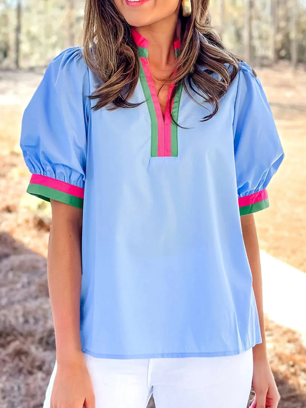 Contrast Trim Notched Short Sleeve Blouse Light Blue / S
