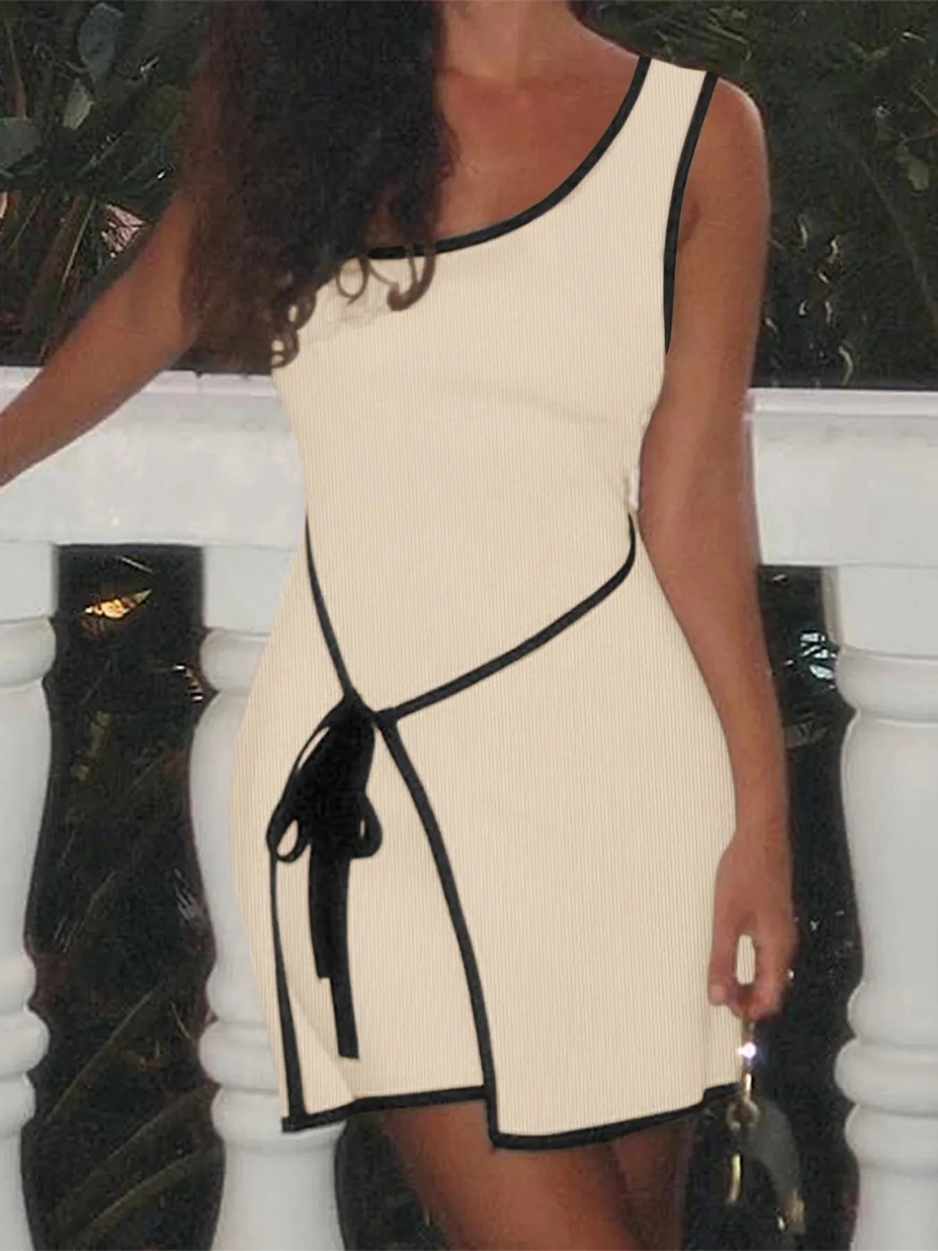 Contrast Trim Single Shoulder Mini Dress