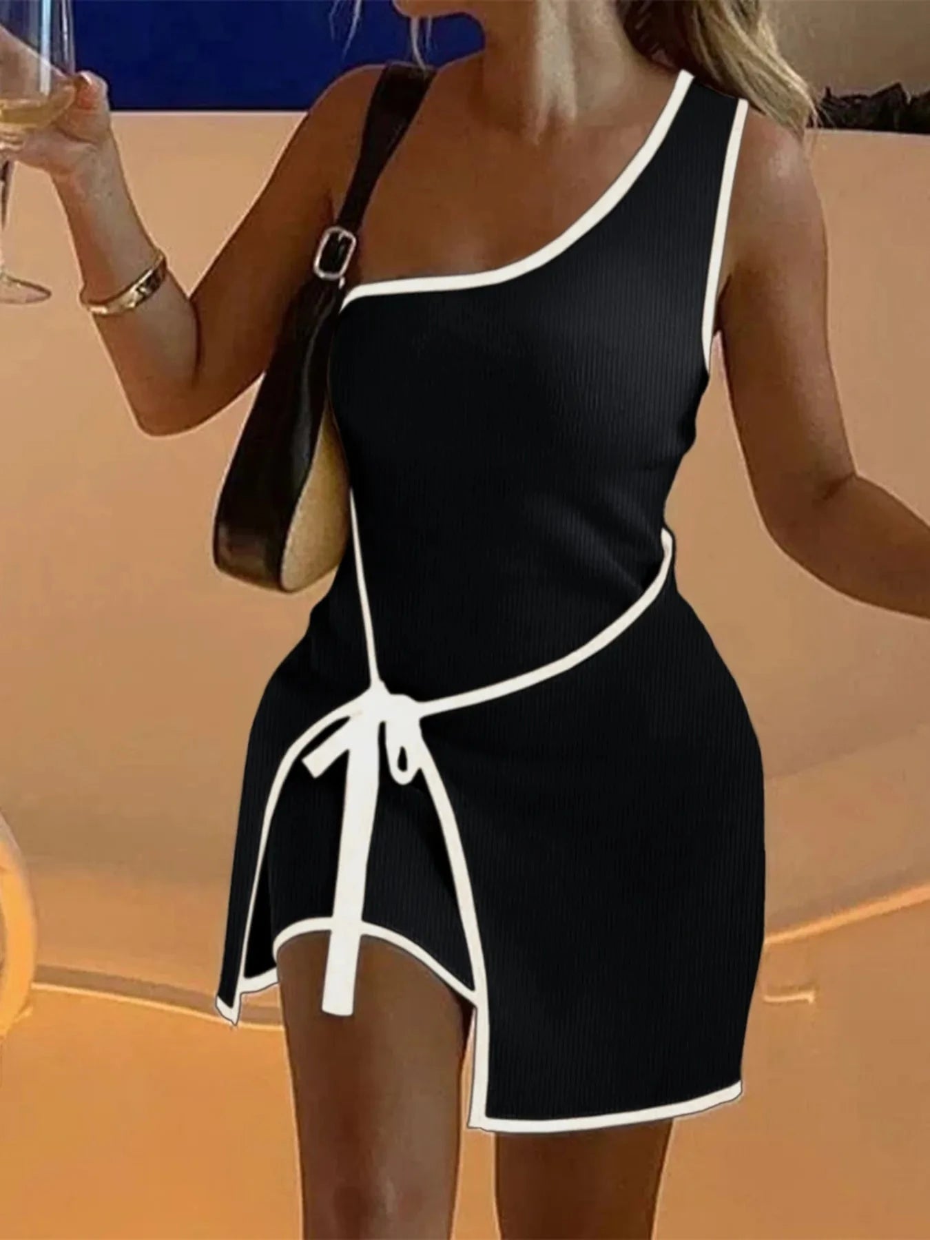 Contrast Trim Single Shoulder Mini Dress Black / S