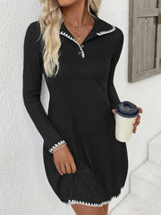 Contrast Trim Texture Long Sleeve Sweater Dress