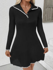 Contrast Trim Texture Long Sleeve Sweater Dress Black / S