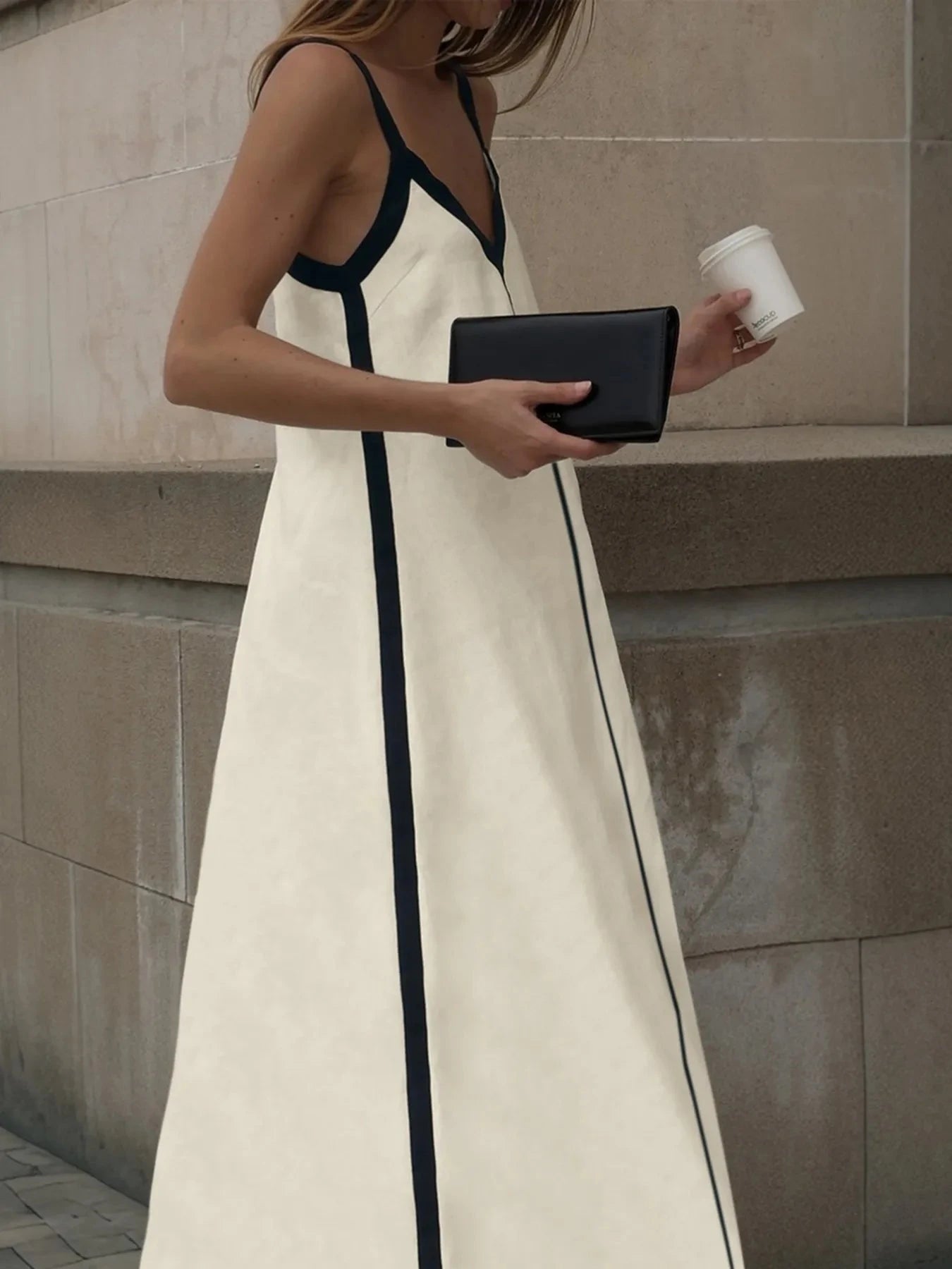 Contrast Trim V-Neck Maxi Dress