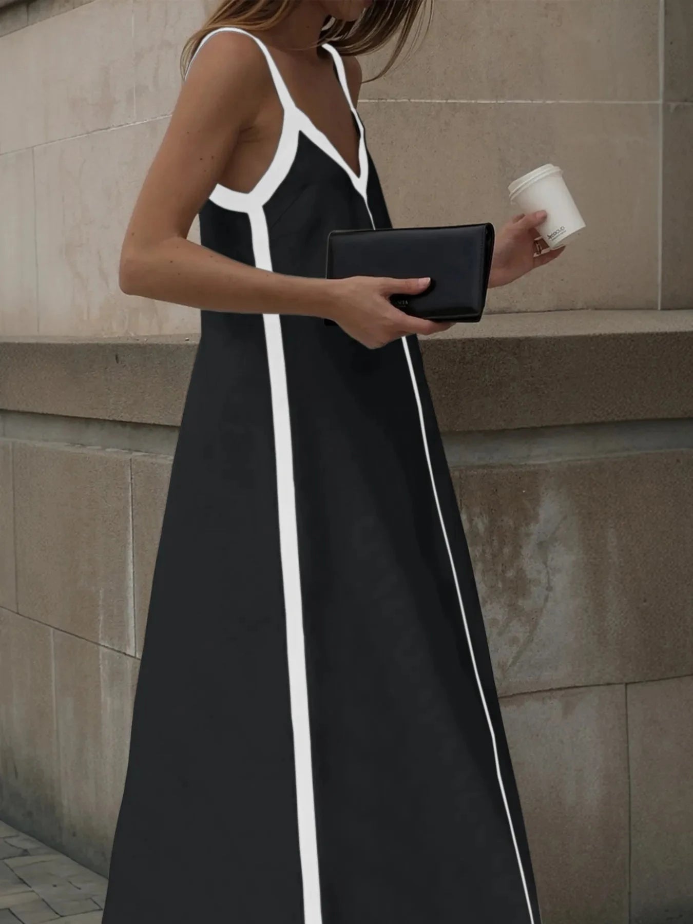 Contrast Trim V-Neck Maxi Dress