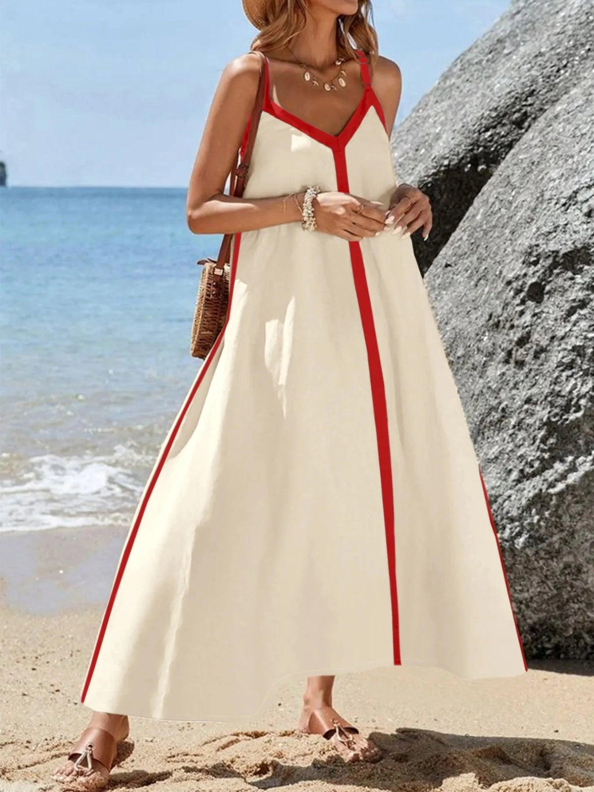 Contrast Trim V-Neck Maxi Dress Scarlet / S