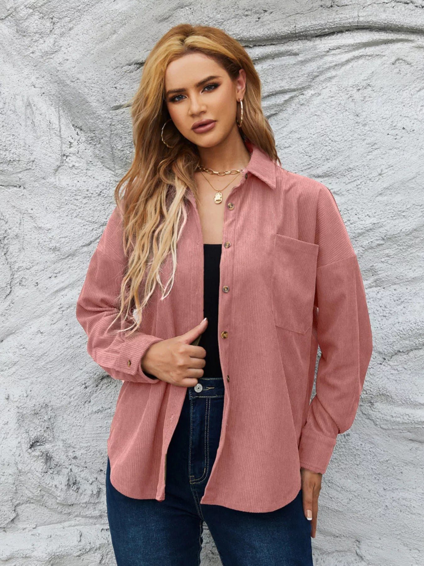 Corduroy Button-Up Shirt Pinkish / S