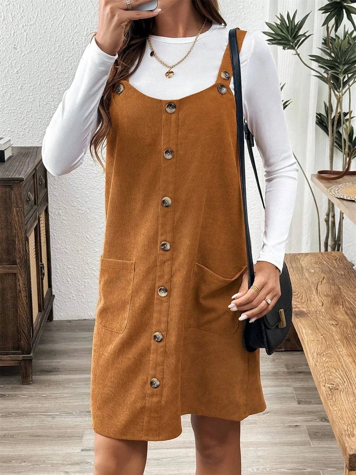 Corduroy Overall Dress with Pockets