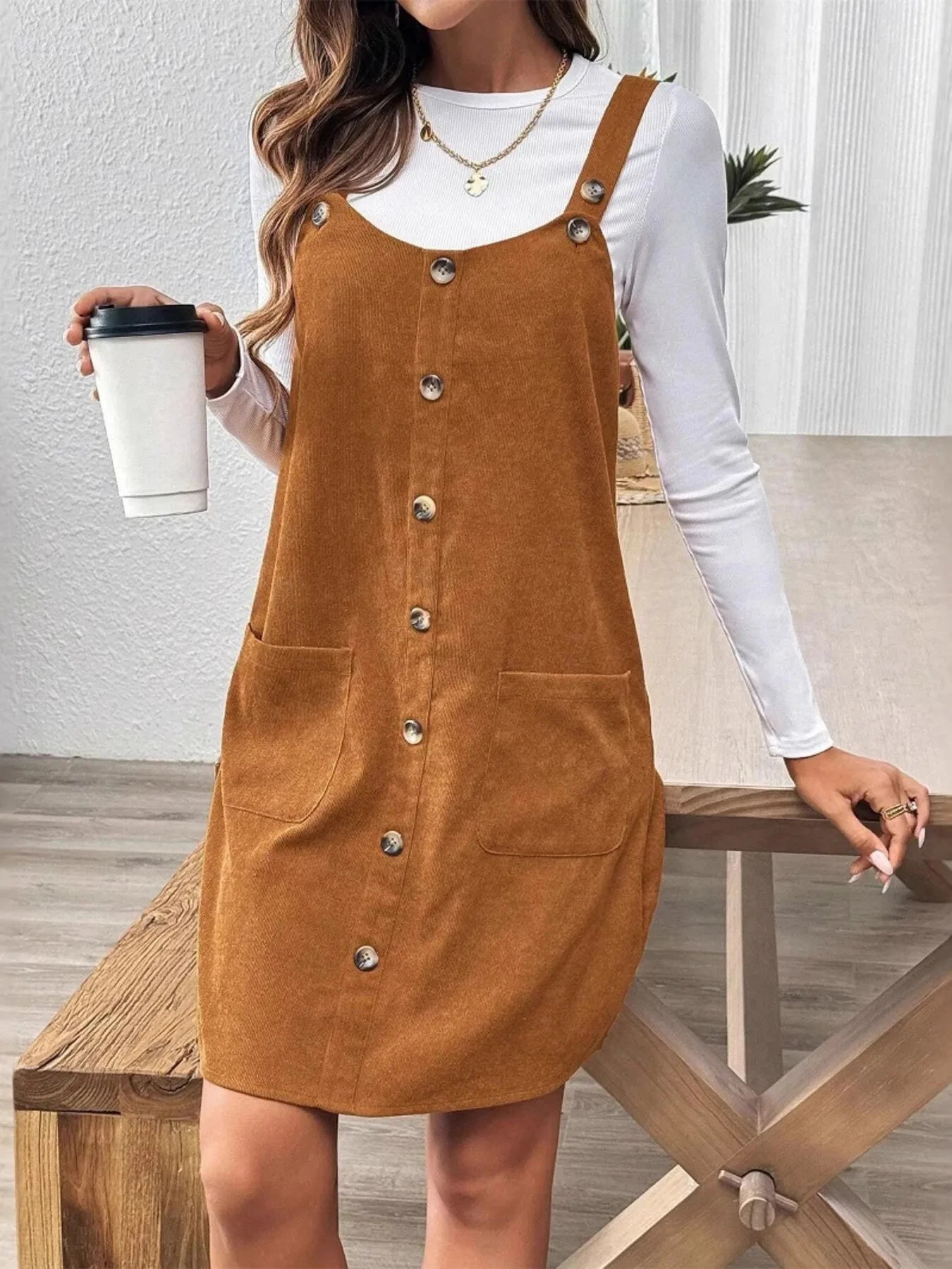 Corduroy Overall Dress with Pockets Light Brown / S