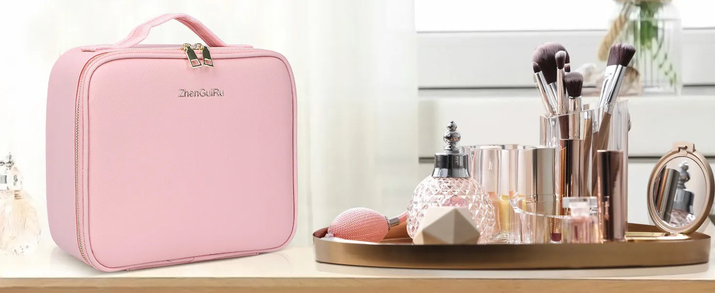 Cosmetic Travel Case with Adjustable LED Mirror and Dividers