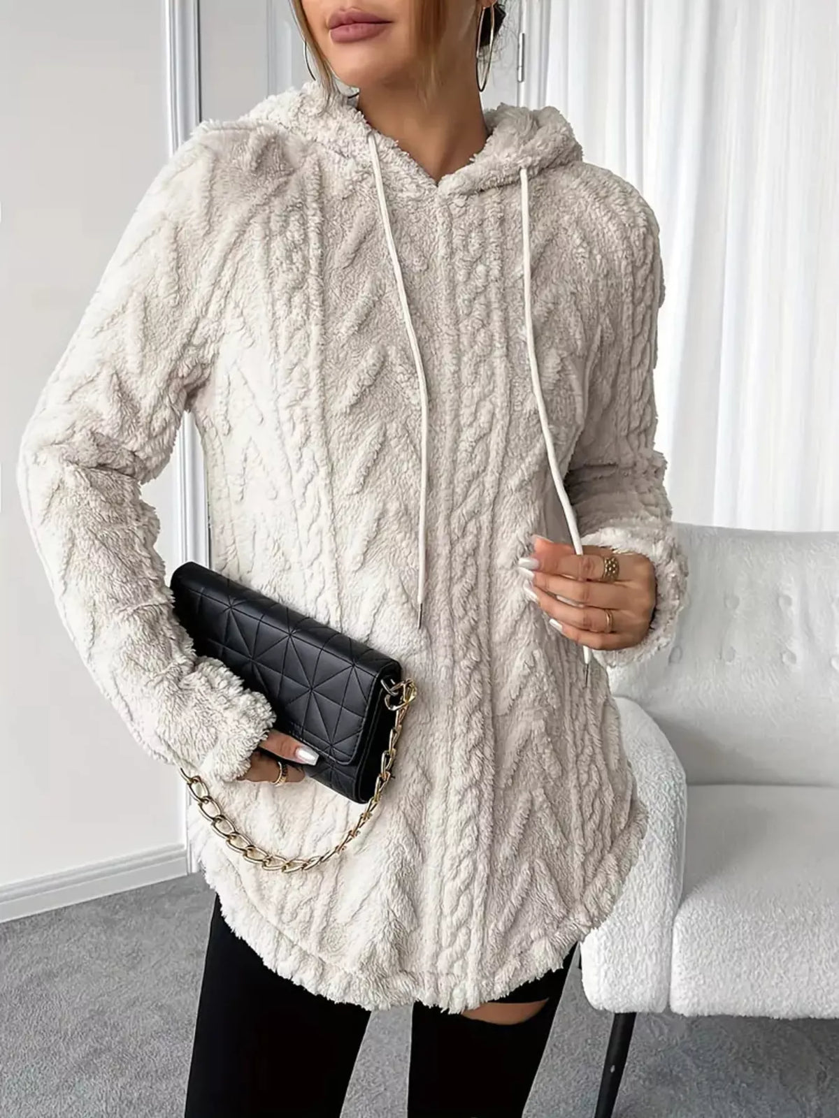 Cozy Textured Drawstring Fleece Hoodie Apricot / S