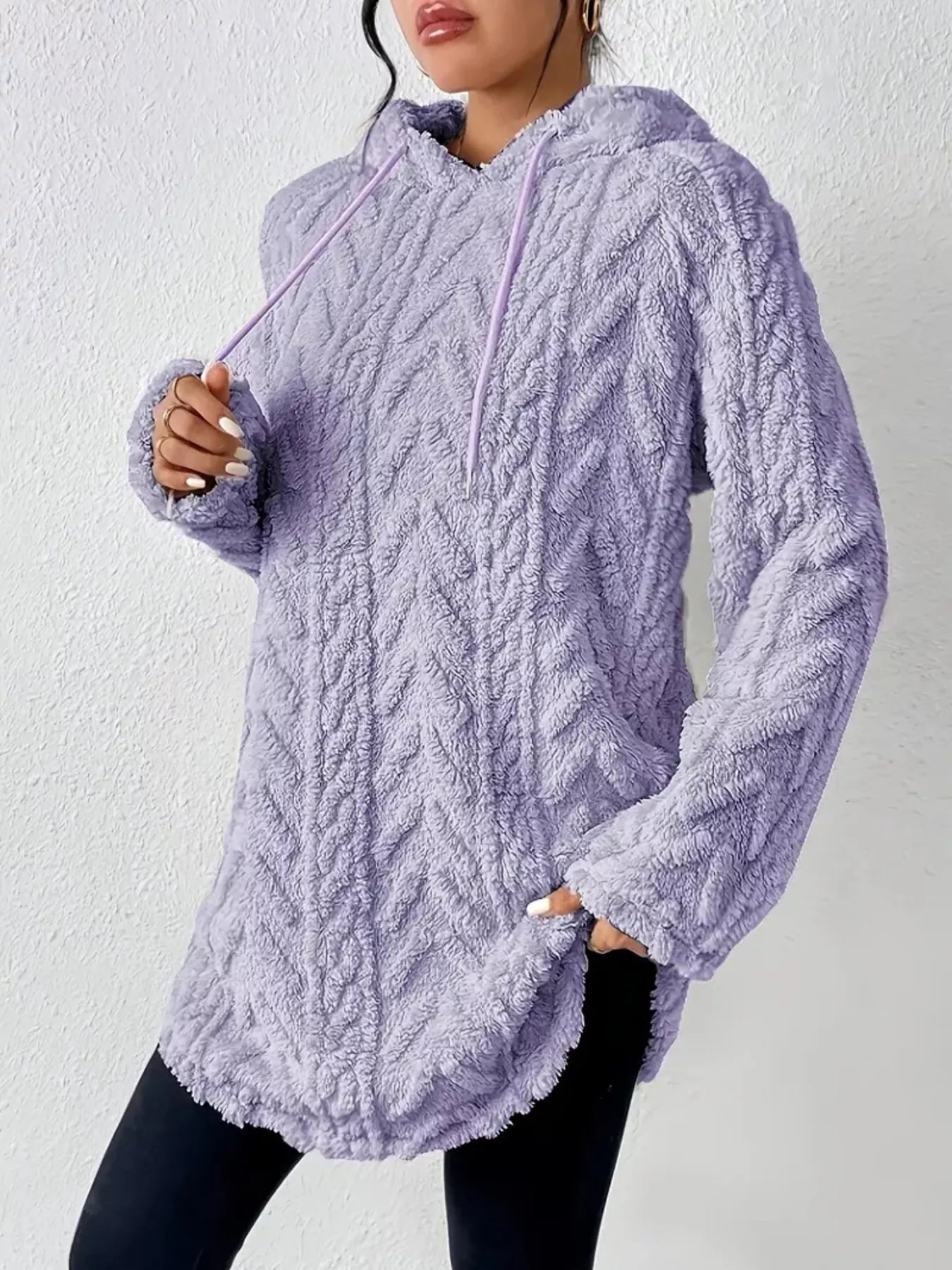 Cozy Textured Drawstring Fleece Hoodie Purple / S