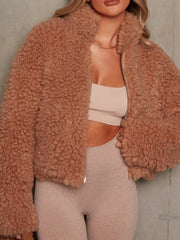 Cozy Zip Up Cropped Sherpa Jacket Tan / S