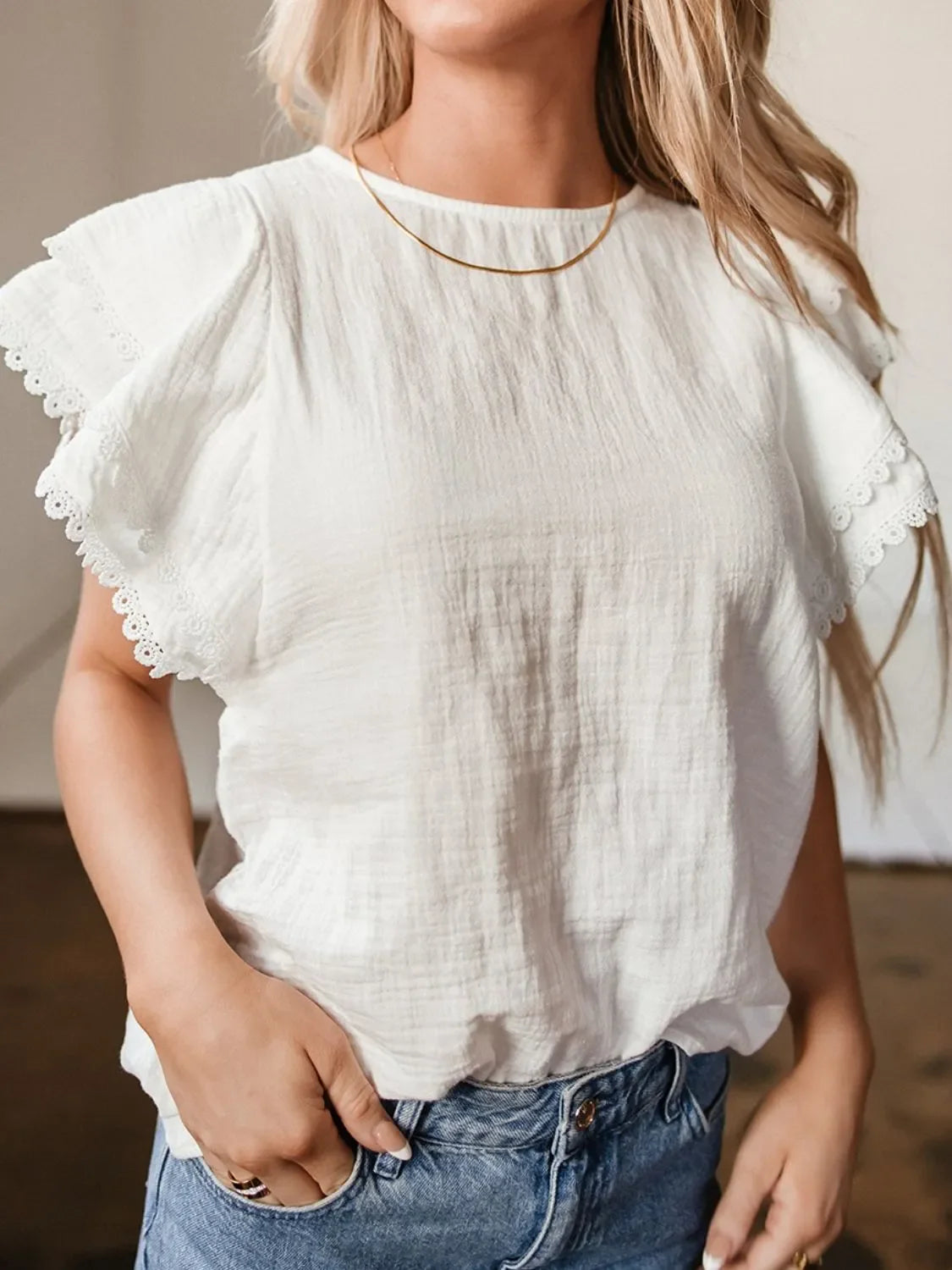 Crinkled Layered Ruffled Flutter Sleeve Blouse