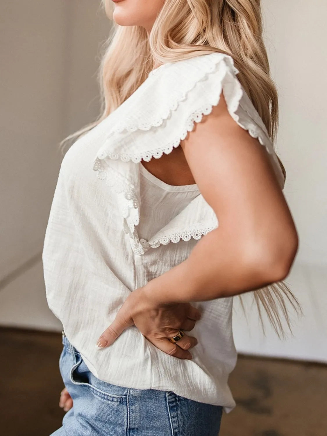 Crinkled Layered Ruffled Flutter Sleeve Blouse