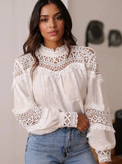 Crochet Lace Detail Long Sleeve Blouse White / S