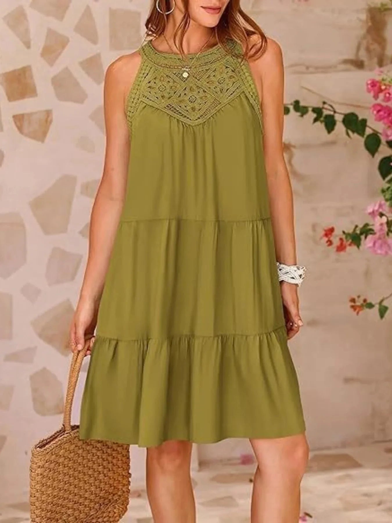 Crochet Lace Tiered Summer Dress Olive / S
