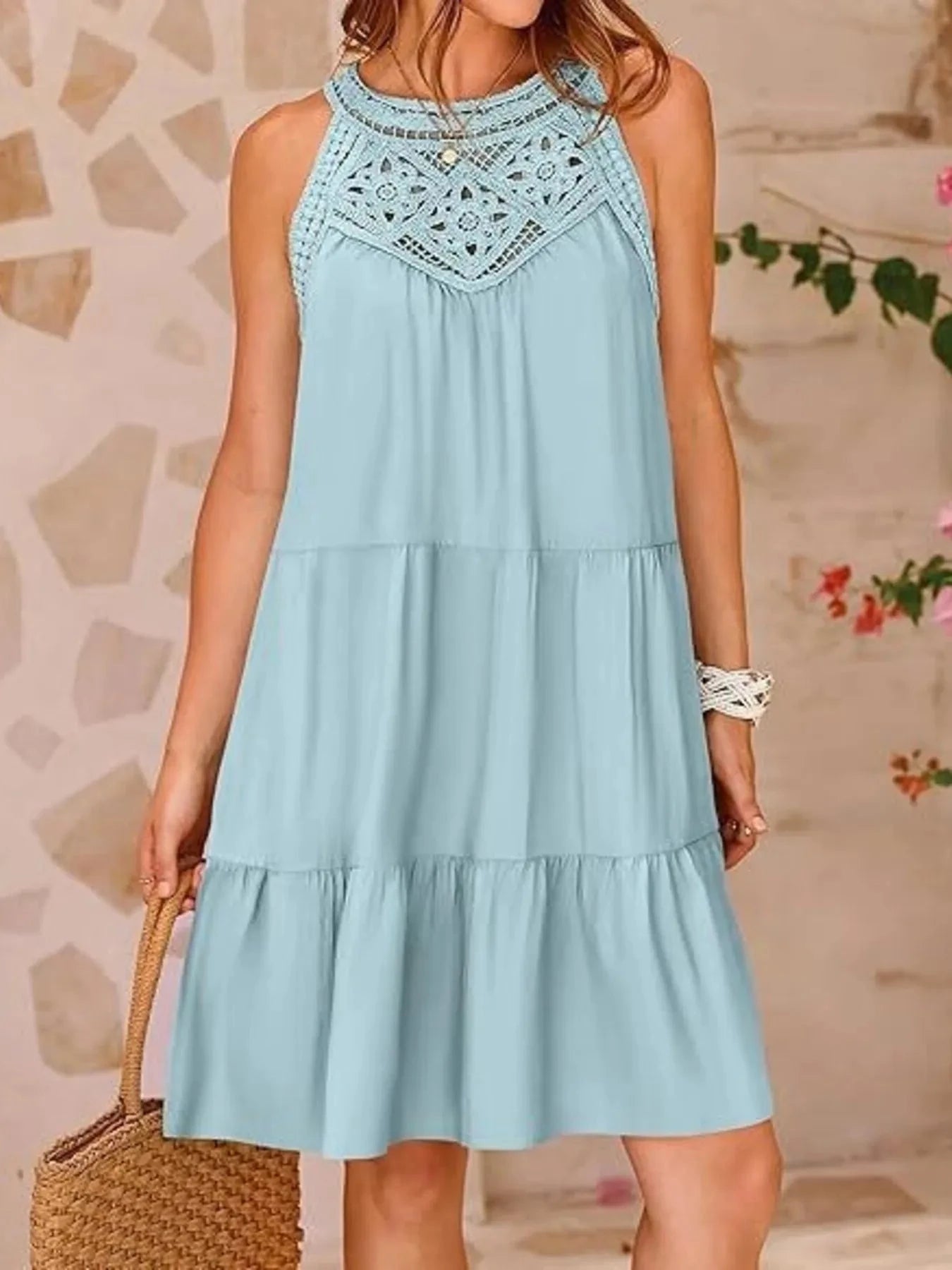 Crochet Lace Tiered Summer Dress Pastel  Blue / S