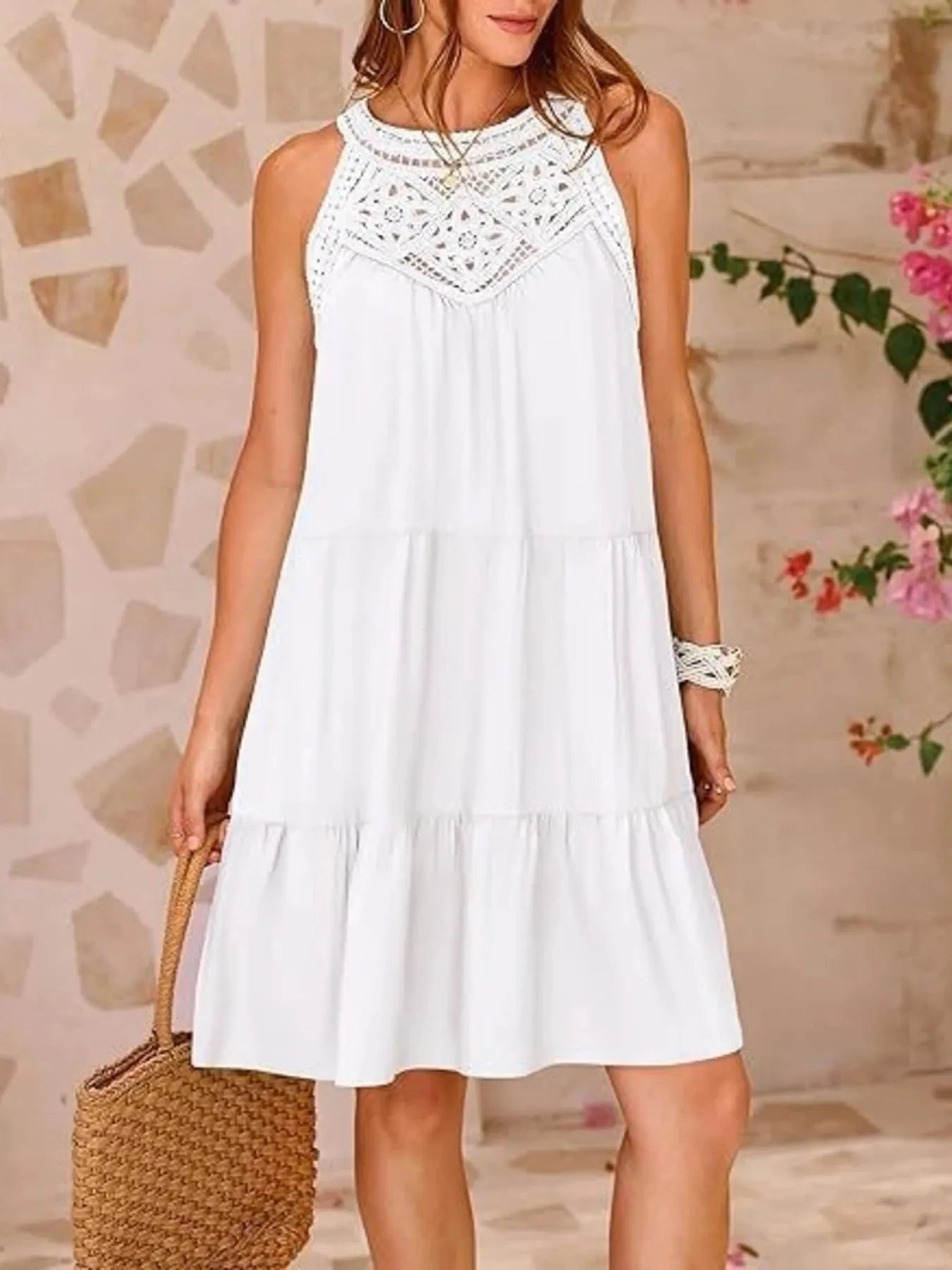 Crochet Lace Tiered Summer Dress White / S